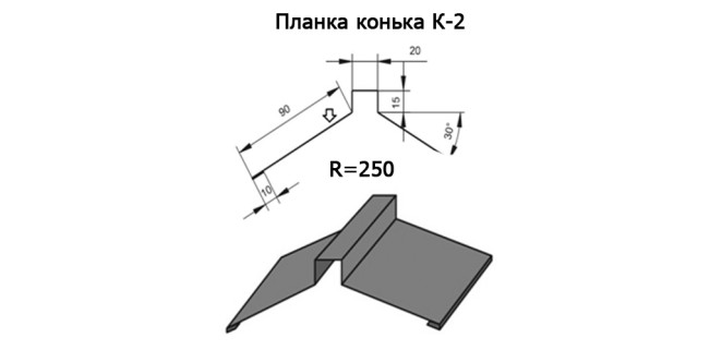 Планка конька К-2 R 250 длина 2м ЦИНК 