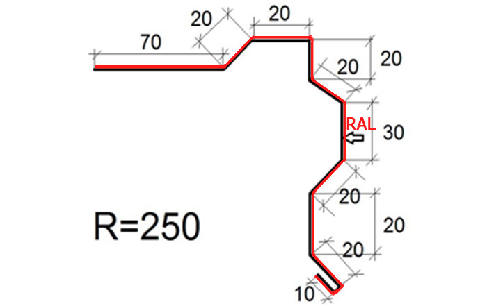 Торцевая планка ТП-4 под битумную черепицу R=250 длина 2м